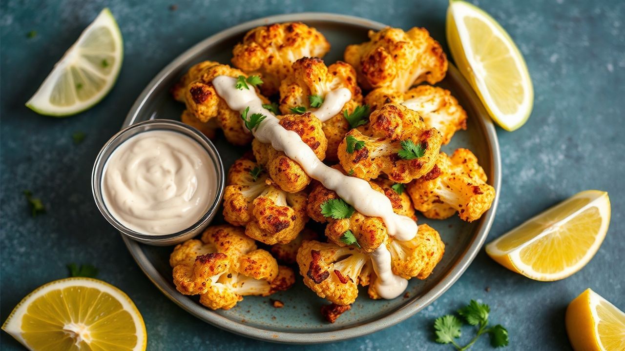 طبق قرنبيط مشوي متبل بشاورما مع طحينة كريمية ورشة توابل عطرية.