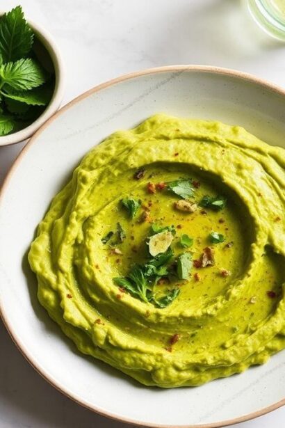 لوحة حمص هريس أخضر زستي مع رشة ليمون وخضار طازجة، طاولة مشرقة للزوار