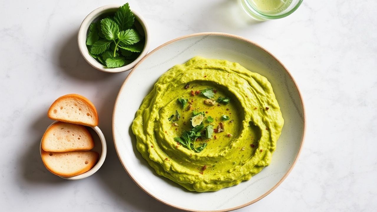 لوحة حمص هريس أخضر زستي مع رشة ليمون وخضار طازجة، طاولة مشرقة للزوار