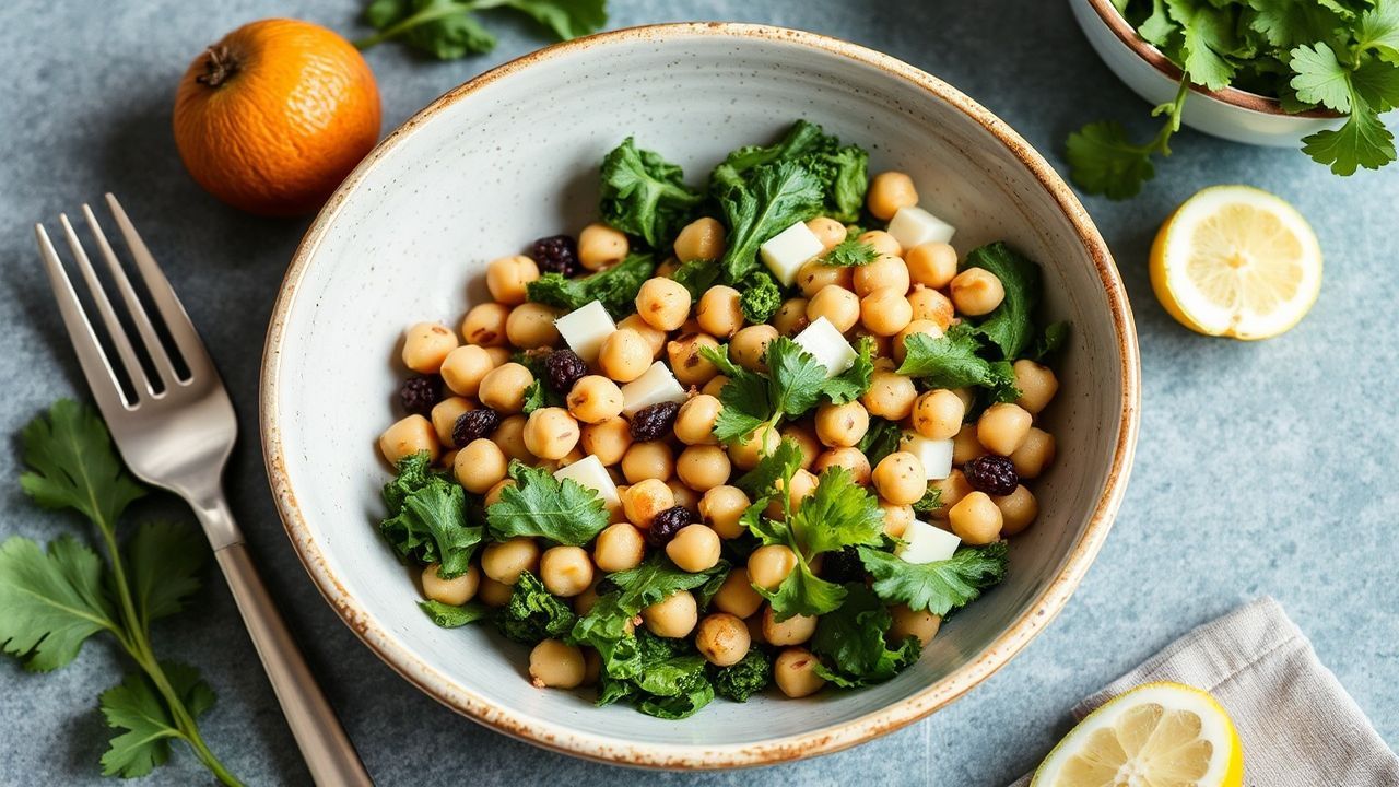 وعاء متوسطي سهل بحمص وكالي، نكهات مشرقة ومنعشة في صورة جذابة.