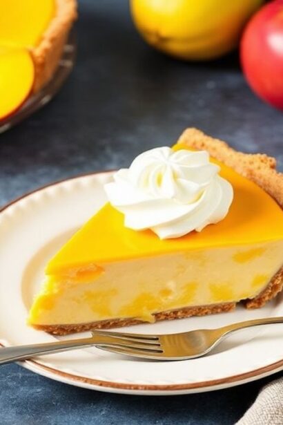 فطيرة مانجو كريمية استوائية على طاولة خشبية، لمسة كلاسيكية بطابع استوائي.