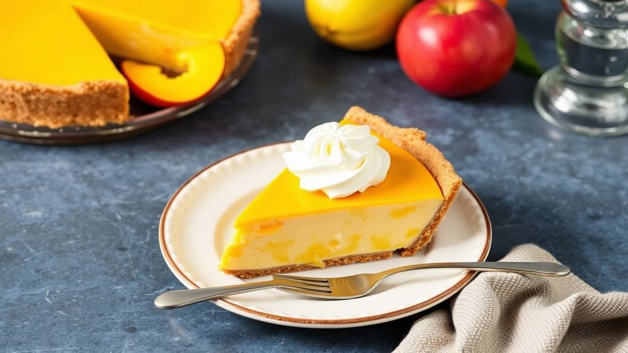 فطيرة مانجو كريمية استوائية على طاولة خشبية، لمسة كلاسيكية بطابع استوائي.