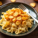 يقدم كسرولة تونة بالمعكرونة المقرمشة مع غطاء رقائق بطاطس ذهبية ولذيذة، كريمية.