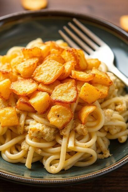 يقدم كسرولة تونة بالمعكرونة المقرمشة مع غطاء رقائق بطاطس ذهبية ولذيذة، كريمية.