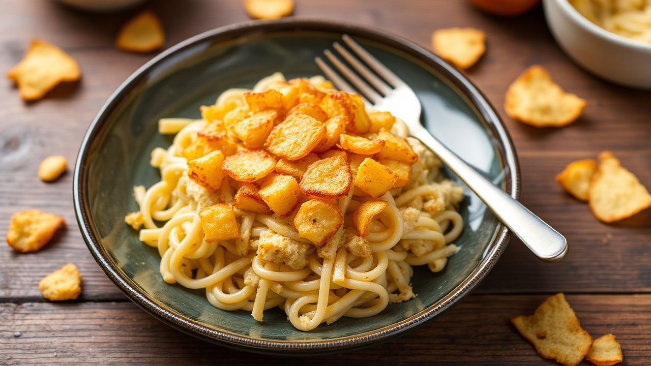 يقدم كسرولة تونة بالمعكرونة المقرمشة مع غطاء رقائق بطاطس ذهبية ولذيذة، كريمية.
