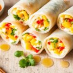 شيت من لفائف الأرز الحلو بالمانجو الصيفية الاستوائية اللذيذة مع حشوة مرشوشة.