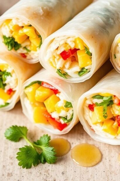 شيت من لفائف الأرز الحلو بالمانجو الصيفية الاستوائية اللذيذة مع حشوة مرشوشة.