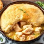 قطعة فطيرة روبيان لذيذة مع بسكويت تارجون عطري فوقها، جاهزة للتقديم وشهية.