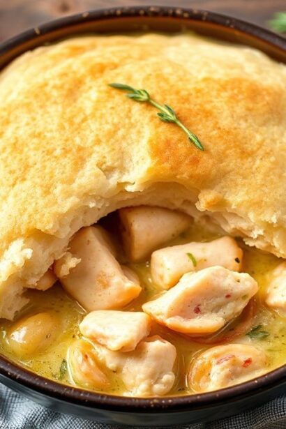 قطعة فطيرة روبيان لذيذة مع بسكويت تارجون عطري فوقها، جاهزة للتقديم وشهية.