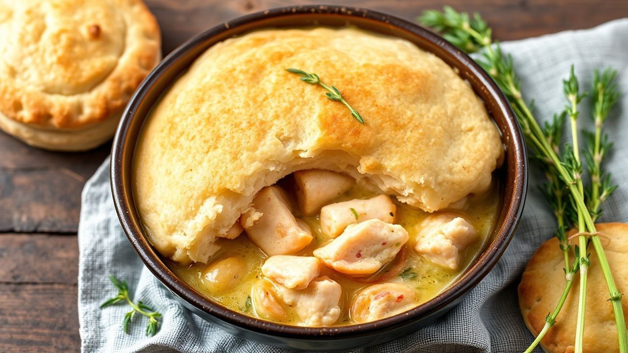 قطعة فطيرة روبيان لذيذة مع بسكويت تارجون عطري فوقها، جاهزة للتقديم وشهية.