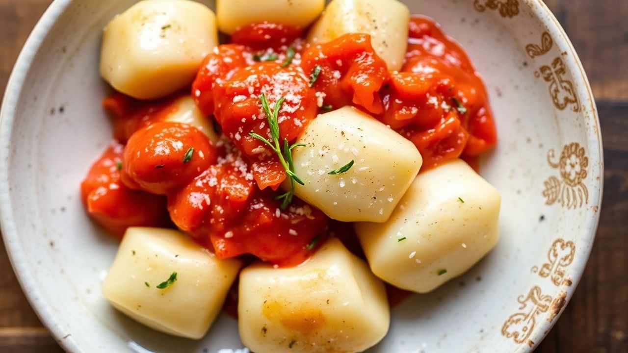 وجبة زلابية بطاطس إيطالية كلاسيكية أمريكية تُزين بصلصة غنية، لمذاق خالد.