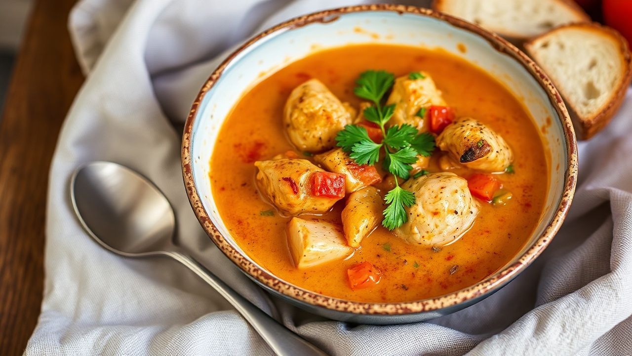 حساء الدجاج بالبابريكا الكريمي المخملي، وليفوتي—غني ودافئ وملمس ناعم.