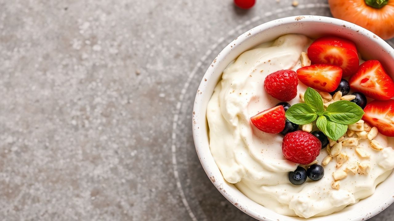 وعاء جبن قريش غني بالبروتين مع إضافات ملونة، مثالي لوجبة صباحية طاقة عالية.