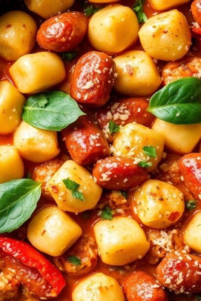 وجبة نيّة واحدة من نوقشي مع نقانق وفلفل رومي، وصفة ساحرة لذيذة في مقلاة واحدة