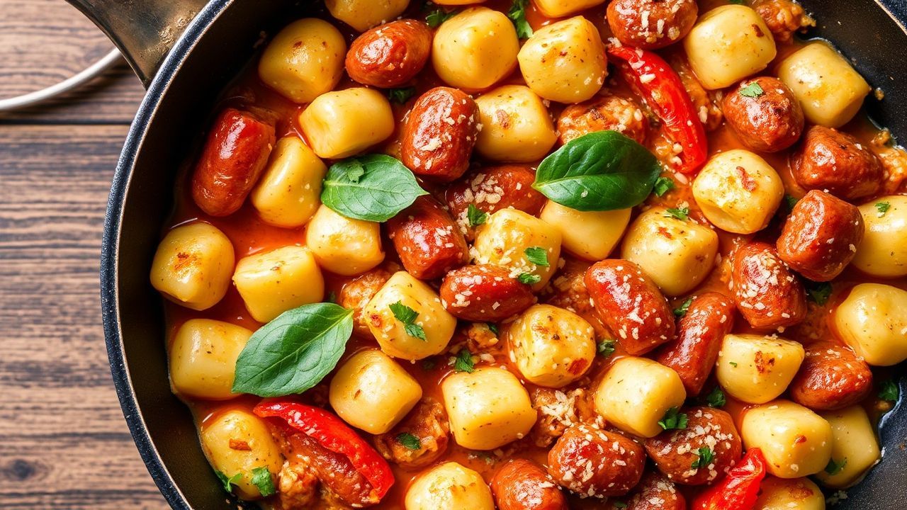 وجبة نيّة واحدة من نوقشي مع نقانق وفلفل رومي، وصفة ساحرة لذيذة في مقلاة واحدة