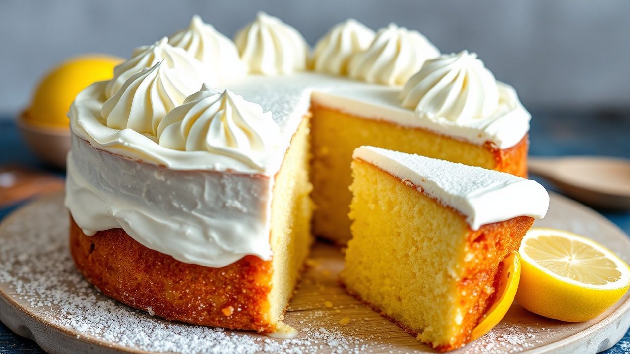 كعكة ليمون-ريكوتا مشرقة وحمضية، رشة زينة لامعة على سطحها، وصفة لذيذة
