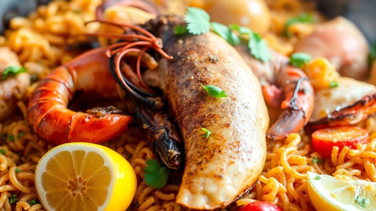 طبق بايلّا إسباني أصيل من المأكولات البحرية والدجاج، رحلة تذوق شهية.
