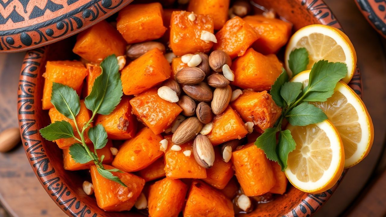 صورة لطبق طاجين البطاطا الحلوة بالبرقوق واللوز، رحلة نكهات شهية.