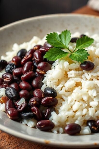 طبق أرز و فاصوليا سوداء شهي بنكهة غنية، طبق أساسي لا يُقاوم للعشاء.