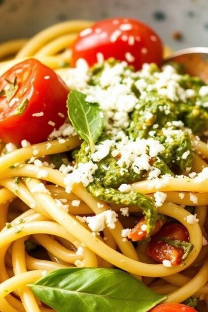 طبق باستا بيستو مع طماطم كرزية على مائدة، وصفة سريعة وسهلة 20 دقيقة.