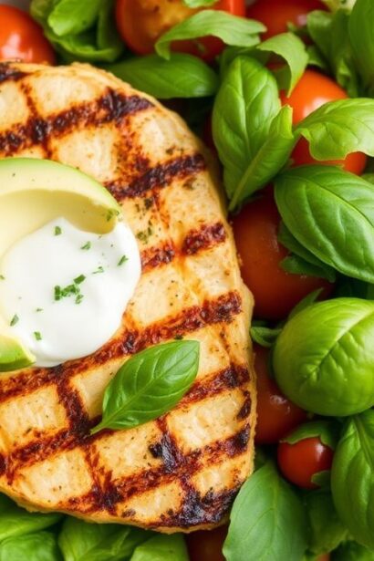 سلطة كبريزي دجاج مشوي وأفوكادو صحية صيفية، لمسة من النضارة والطيب.