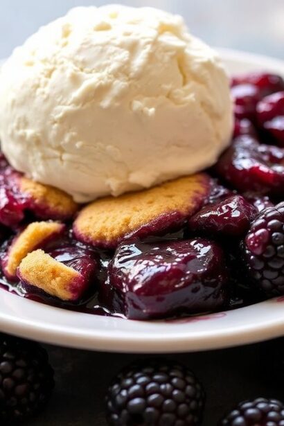 تصوير حلوى بلاكبيري كوبلر—قطعة صيفية ساطعة بنكهة التوت الأسود، حلوة وشهية.