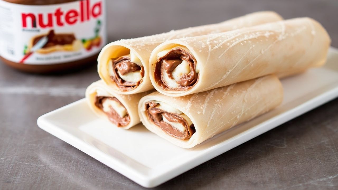 Crispy Nutella banana spring rolls with golden wrappers and sliced bananas, ready to serve.