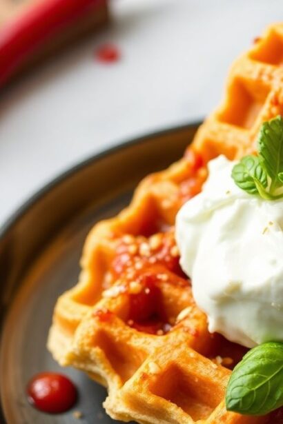 وافل كورنبريد مزخرفة بجبن شيدر وفلفل تشيلي، لقطة شهية بجانب وصفة لذيذة.