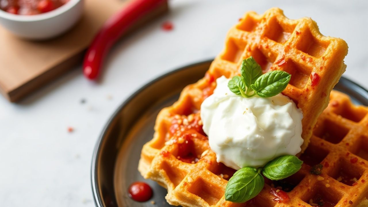 وافل كورنبريد مزخرفة بجبن شيدر وفلفل تشيلي، لقطة شهية بجانب وصفة لذيذة.