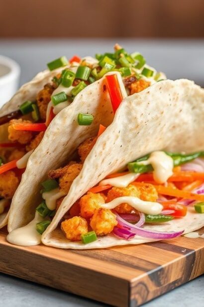 تاكو خضار بتمبورا مقرمشة مع صوص مايونيز زعترى وابي، تزينات خضراء فوق طبق.