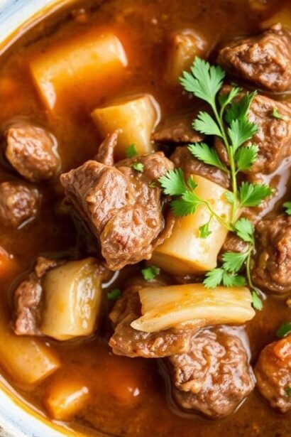 يُظهر مرق لحم بالعَجَل والبصل مع ثوم وأعشاب، دون beer، بنكهة غنية وشهية.