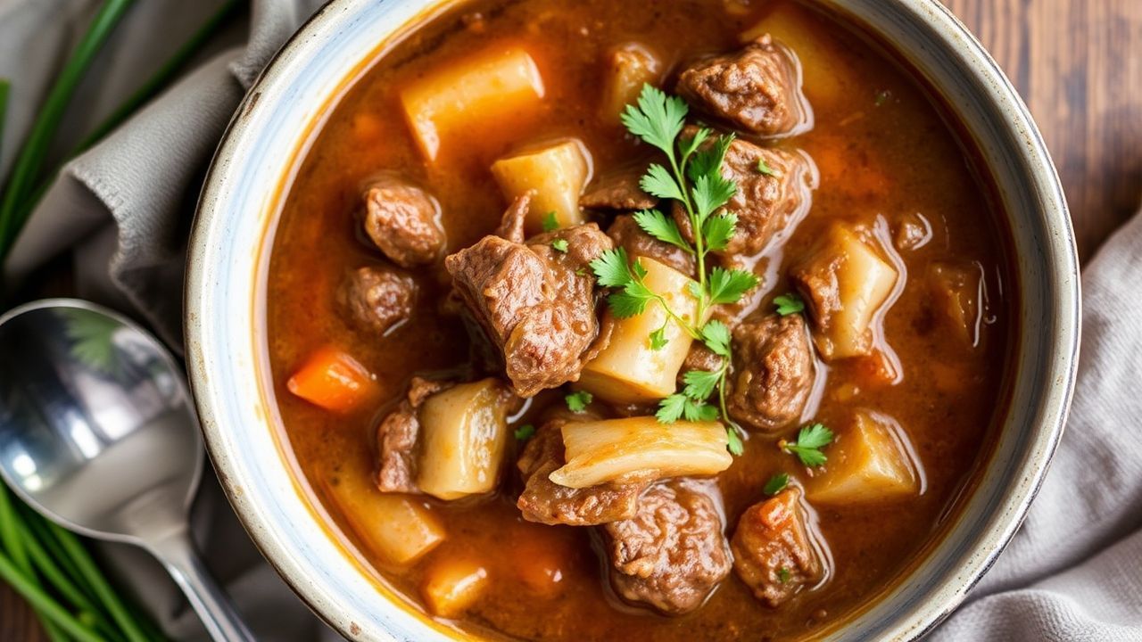 يُظهر مرق لحم بالعَجَل والبصل مع ثوم وأعشاب، دون beer، بنكهة غنية وشهية.