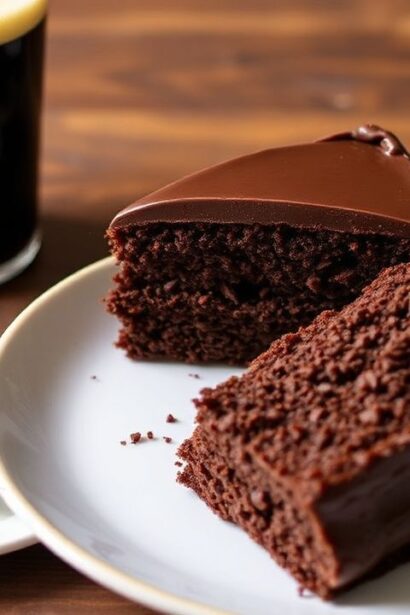 Guinness-free cake featuring ultra-moist chocolate stout cake in a one-bowl slice, glossy crumb.