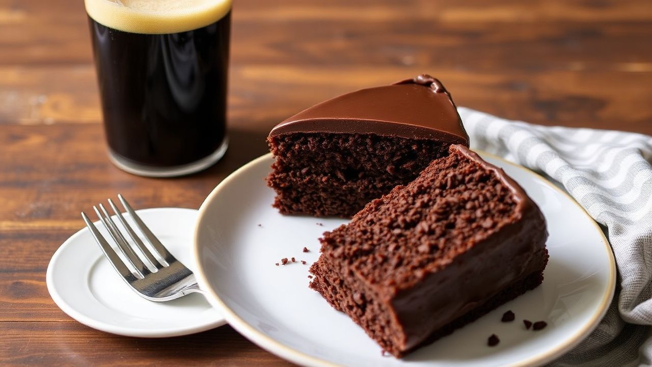 Guinness-free cake featuring ultra-moist chocolate stout cake in a one-bowl slice, glossy crumb.