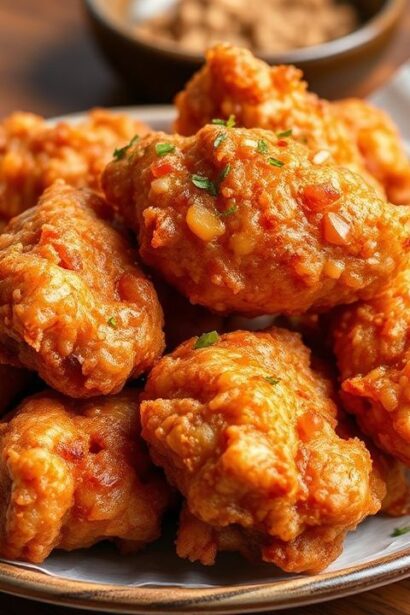 دجاج كوري مقلي حار وحلو، مقرمش ولامع بتتبيلة لزجة على طبق تقديم، لمّعان شهية