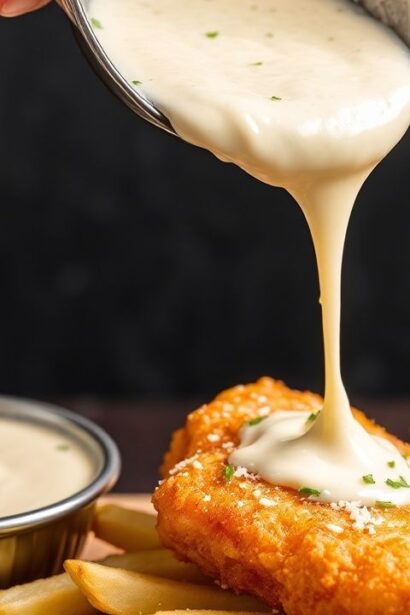 طبق سمك بطاطس باللون الذهبي مع صوص تارتار بريطاني كريمي، جاهز للتقديم.