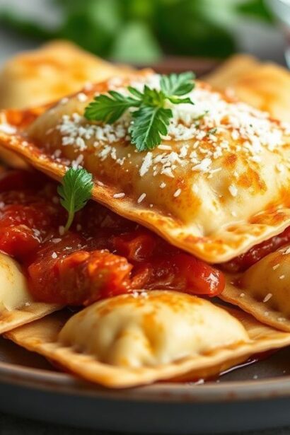 رافيولي محشو مقلي سريعًا خلال 15 دقيقة مع صوص مارينارا، طعم غني وقوام مقرمش.