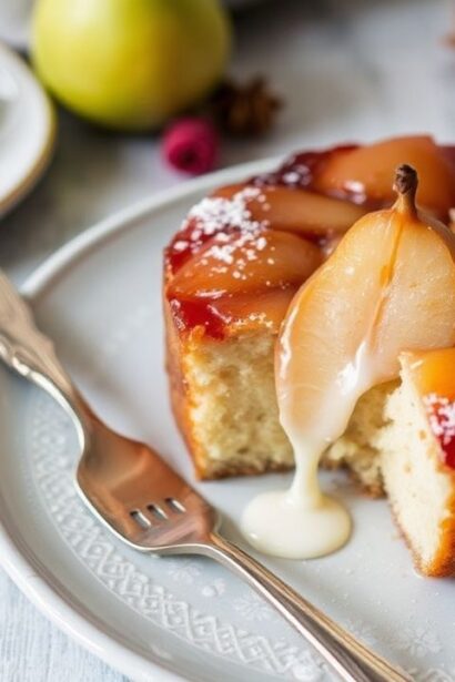 كيكة قلب مقلوبة بالكمثرى المتبلة والشتاء الدافئ، بنكهة سكر وتوابل، طعم رائع.