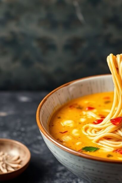 Creamy Curry Laksa in a bowl with noodles, shrimp, and rich coconut curry broth.