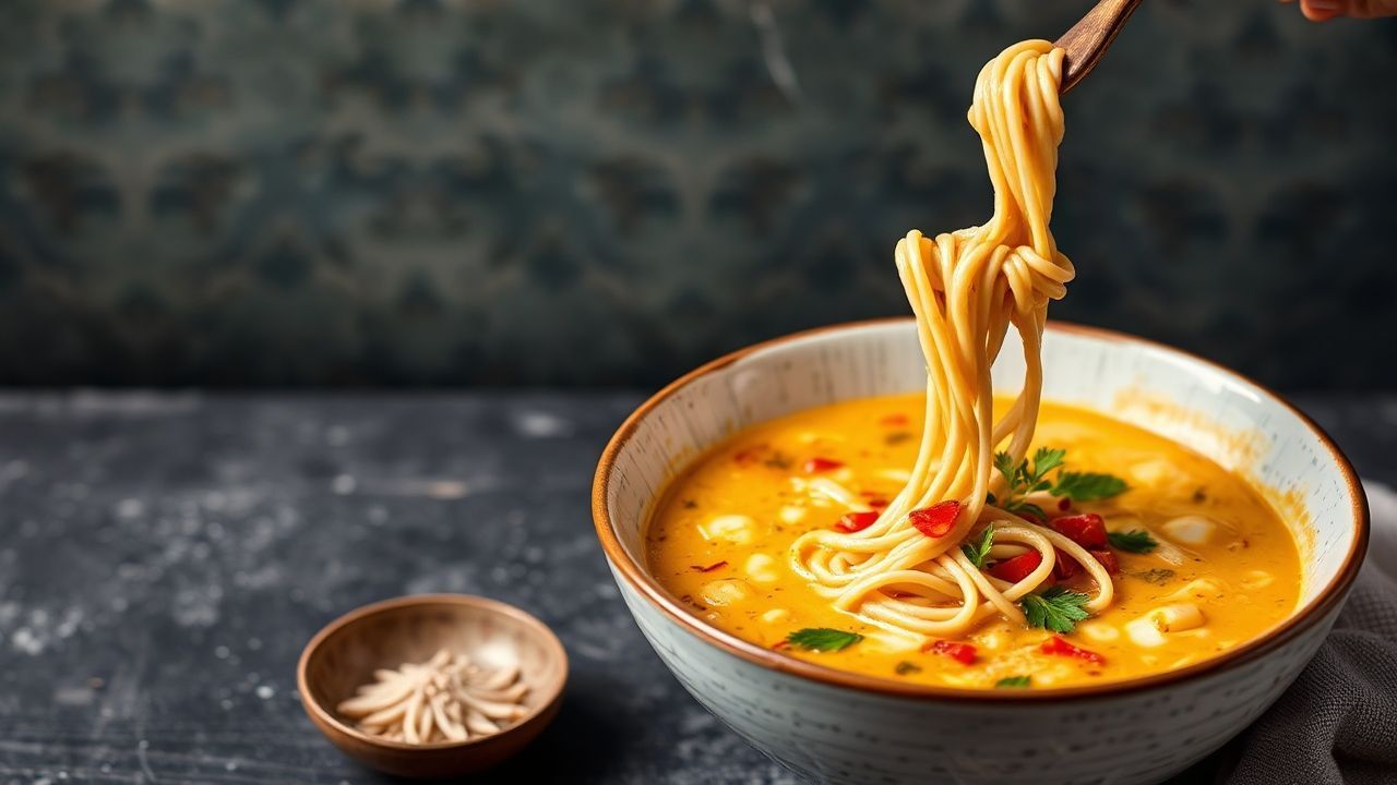 Creamy Curry Laksa in a bowl with noodles, shrimp, and rich coconut curry broth.