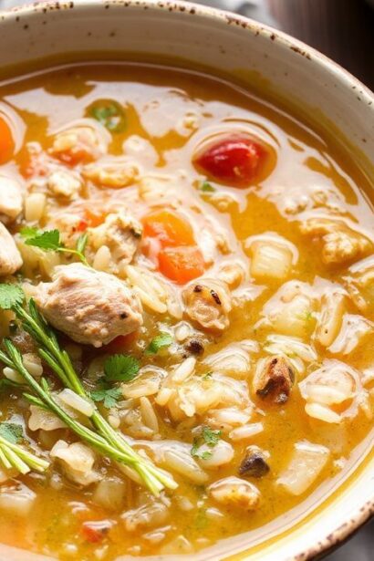 Cozy bowl of Turkey and Wild Rice Soup with herbs, vegetables, and creamy broth on a table.