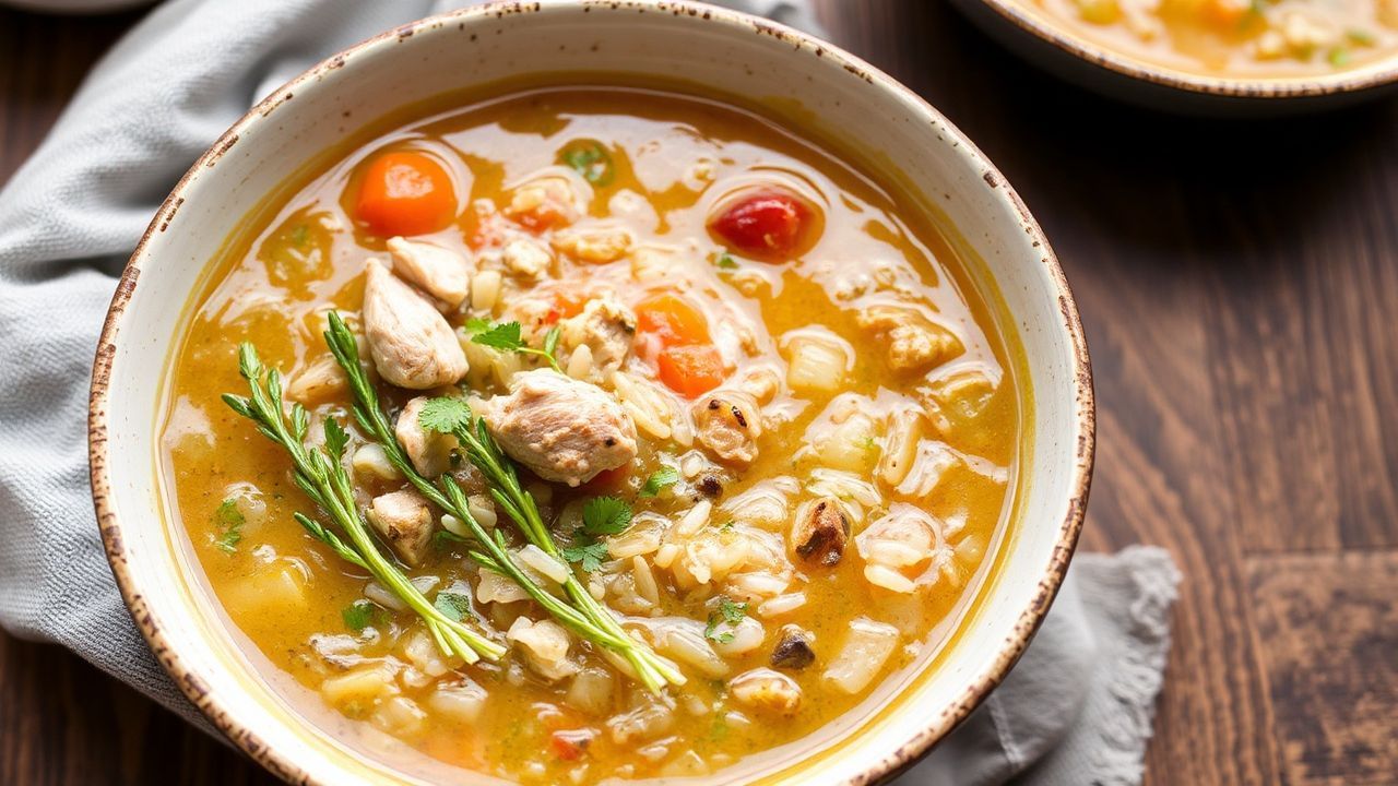 وعاء شوربة الديك الرومي والأرز البري الغني، لقطة مريحة تدفئ القلب وتُدلّل الذوق،