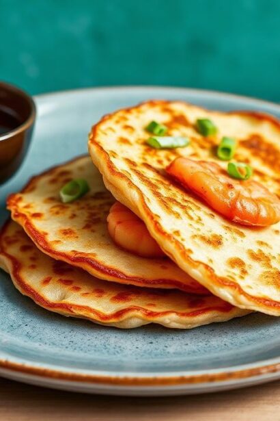 Crispy seafood with golden scallion pancakes stacked, showing maximum crunch and crispy edges.