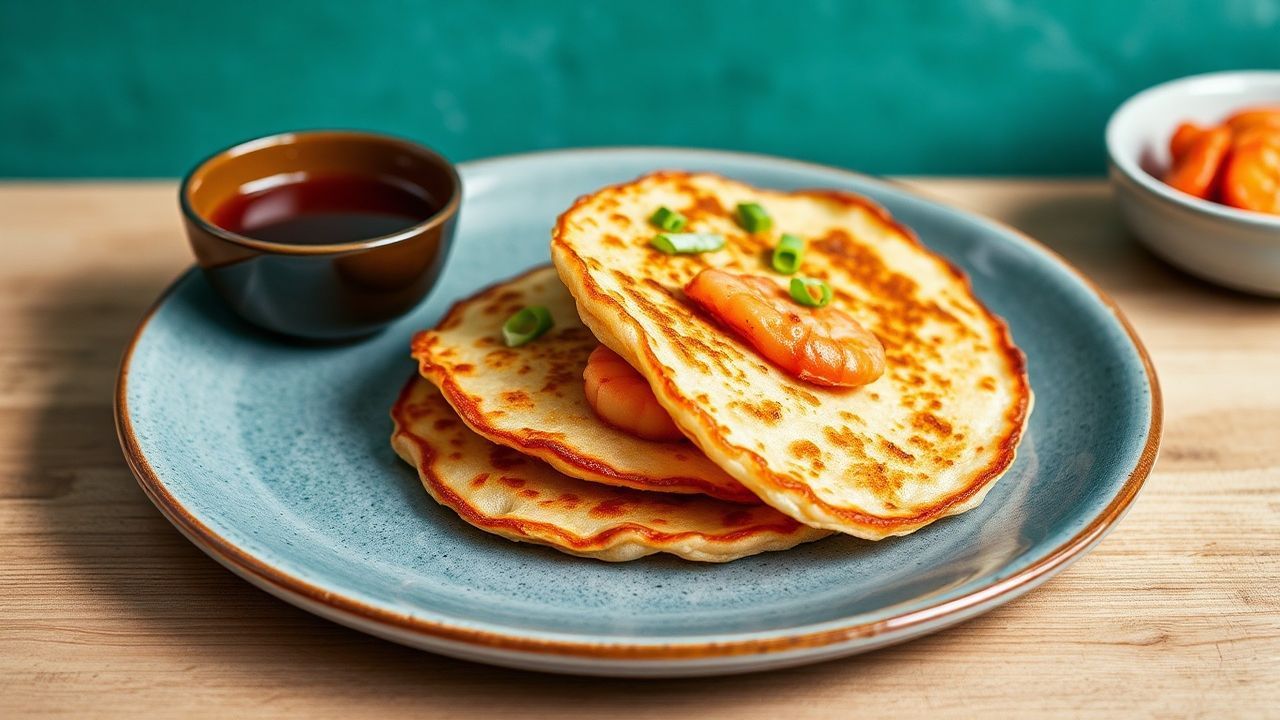 Crispy seafood with golden scallion pancakes stacked, showing maximum crunch and crispy edges.