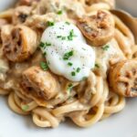 Creamy Vegan Mushroom Stroganoff in a bowl, with mushrooms and creamy sauce, comfort meal.