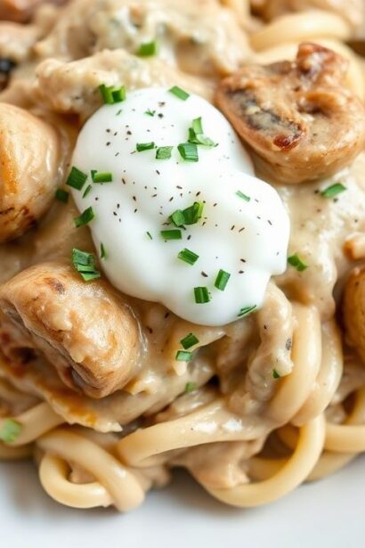 Creamy Vegan Mushroom Stroganoff in a bowl, with mushrooms and creamy sauce, comfort meal.