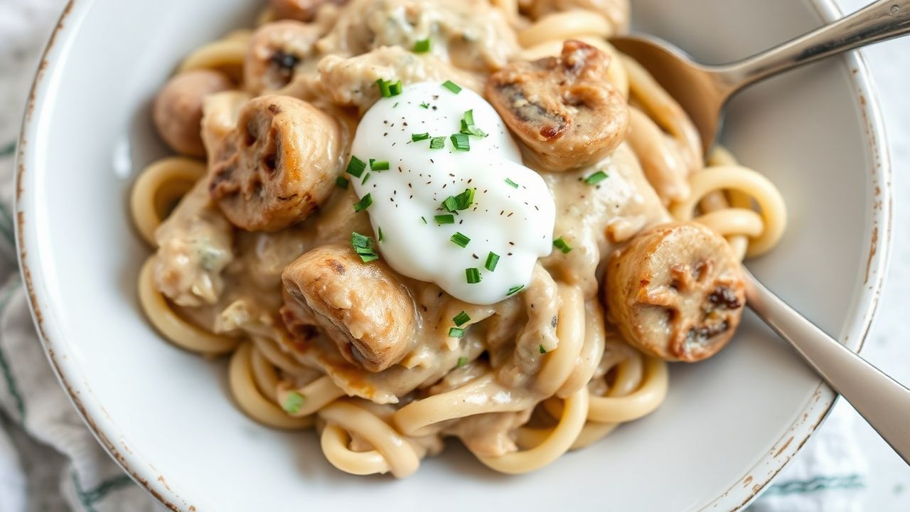 Creamy Vegan Mushroom Stroganoff in a bowl, with mushrooms and creamy sauce, comfort meal.