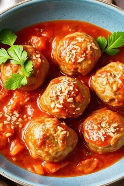 Porcupine meatballs simmering in classic tomato sauce in a cozy bowl.