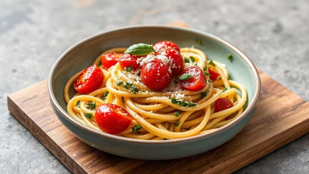 Creamy pesto pasta with cherry tomatoes in a bowl, creamy herb sauce with tomato bursts