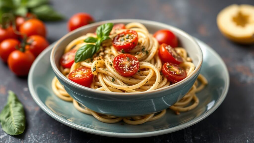 Serving bowl of creamy pesto pasta with cherry tomatoes garnished with basil